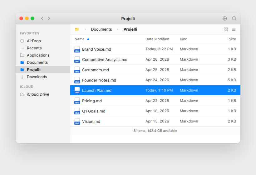 macOS Finder window showing the Keepance folder under Documents with eight Markdown files: Brand Voice.md, Competitive Analysis.md, Customers.md, Founder Notes.md, Launch Plan.md, Pricing.md, Q1 Goals.md, Vision.md