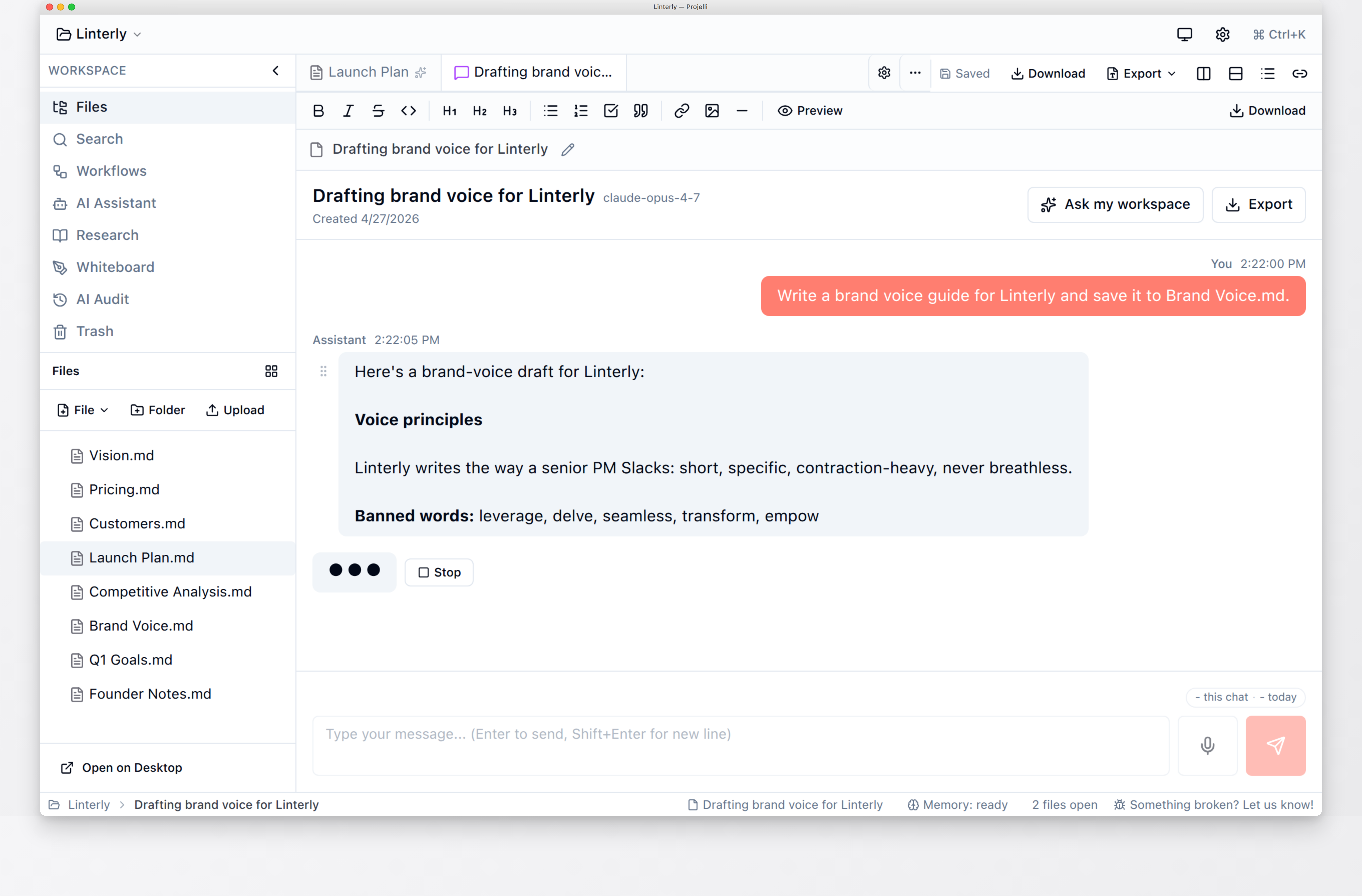 Keepance AI chat mid-stream: a Markdown file appears in the file tree as the conversation produces it